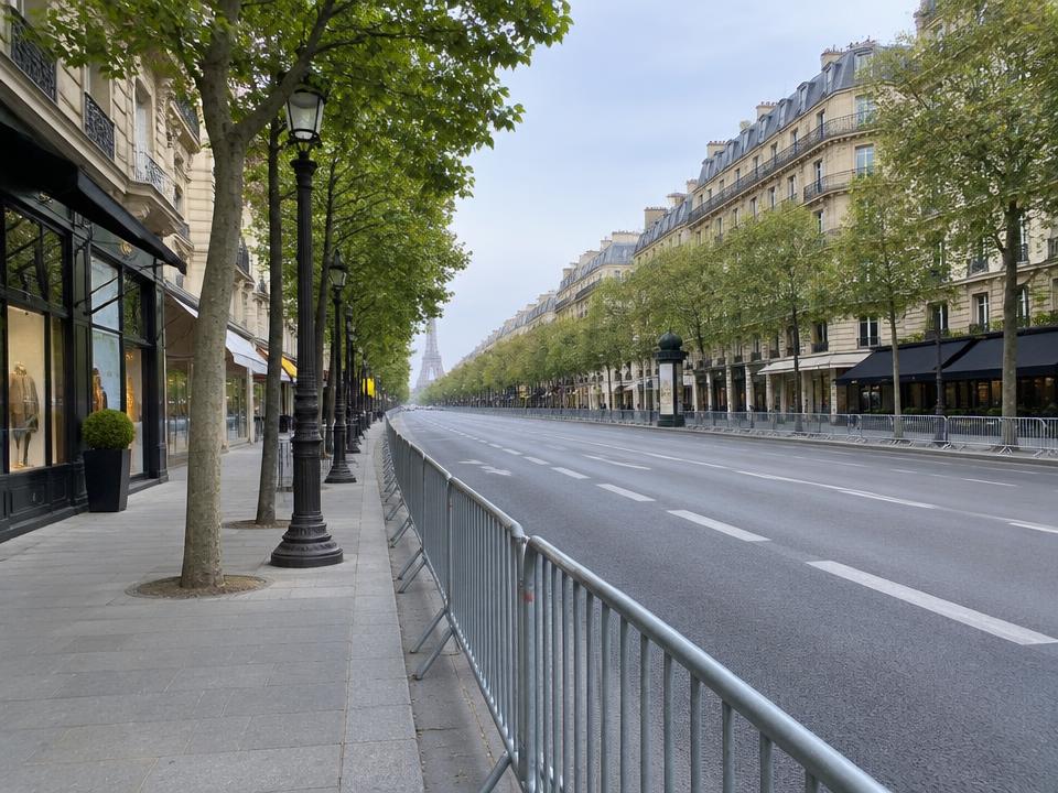 Boulevard parisien avec barrières le long du trottoir